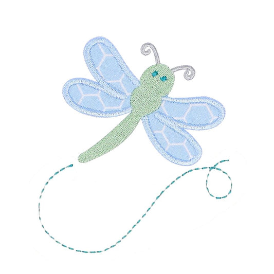 Close up of Deacon Lane's applique blue dragonfly