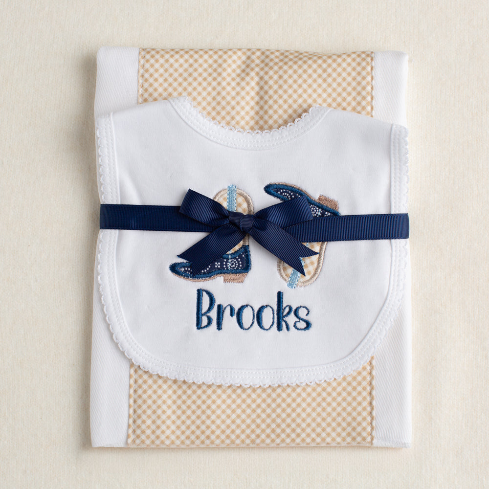 Just Like A Cowboy Kickin' Applique Boots Bib/Fabric Burp Pad Set - Navy/Sandbar
