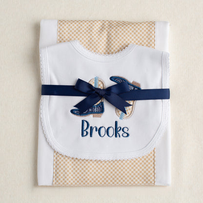 Just Like A Cowboy Kickin' Applique Boots Bib/Fabric Burp Pad Set - Navy/Sandbar