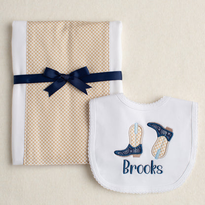 Just Like A Cowboy Kickin' Applique Boots Bib/Fabric Burp Pad Set - Navy/Sandbar