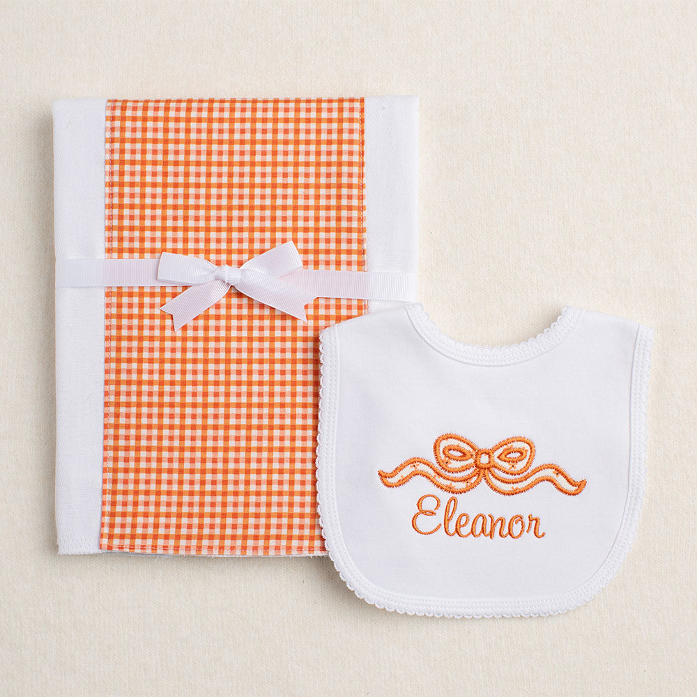 Gift Set with Applique Bow Bib w/Name and Burnt Orange Check Fabric Burp Pad