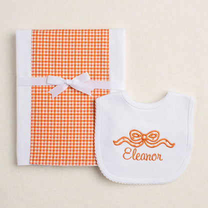Gift Set with Applique Bow Bib w/Name and Burnt Orange Check Fabric Burp Pad