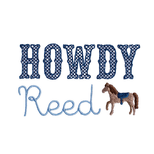 Close up of Deacon Lane's Howdy Horse design with Howdy and an embroidered mini horse with a child's name embroidered into the design as well.  Western or horse theme.