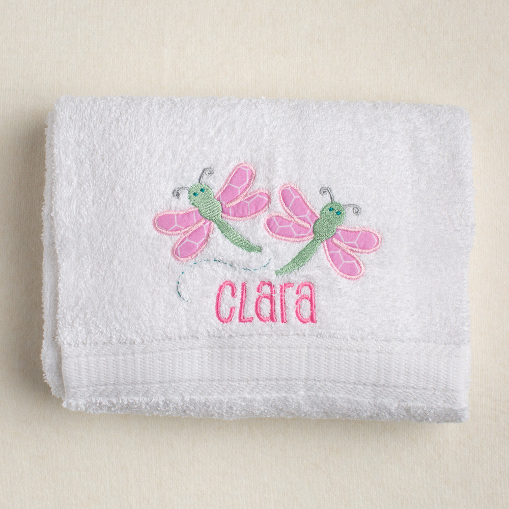 White cotton bath towel for all ages through toddler with a pair of appliquéd dragonflies with a personalized name