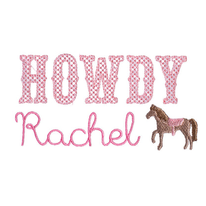 Embroidery design with a western/horse theme with Howdy and a personalized embroidered name and a mini horse embroidery
