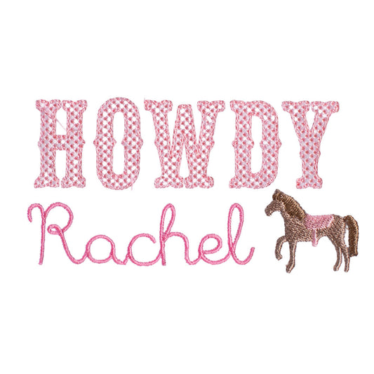 Embroidery design with a western/horse theme with Howdy and a personalized embroidered name and a mini horse embroidery
