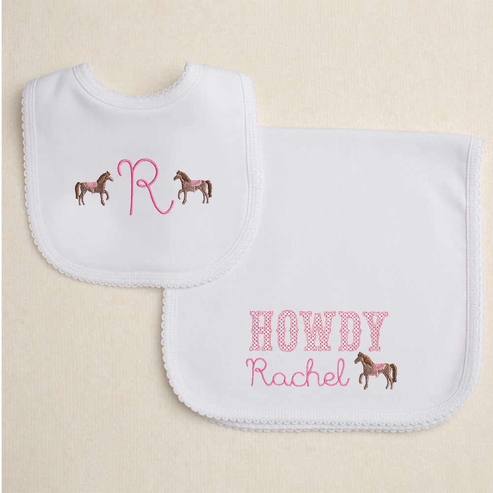2 pieces boutique baby gift set featuring a western theme and mini embroidered horses.  Gift items can be personalized for a custom gift with a nod to the cowboy lifestyle