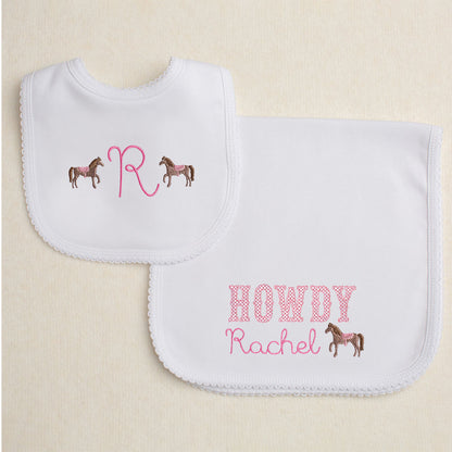 2 pieces boutique baby gift set featuring a western theme and mini embroidered horses.  Gift items can be personalized for a custom gift with a nod to the cowboy lifestyle