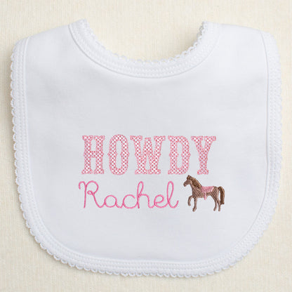 White bib with Howdy Rachel and a mini embroidered horse.  Baby boutique item can be embroidered with any name for a personalized horse and western theme gift
