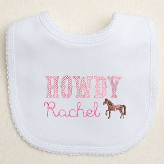White bib with Howdy Rachel and a mini embroidered horse.  Baby boutique item can be embroidered with any name for a personalized horse and western theme gift
