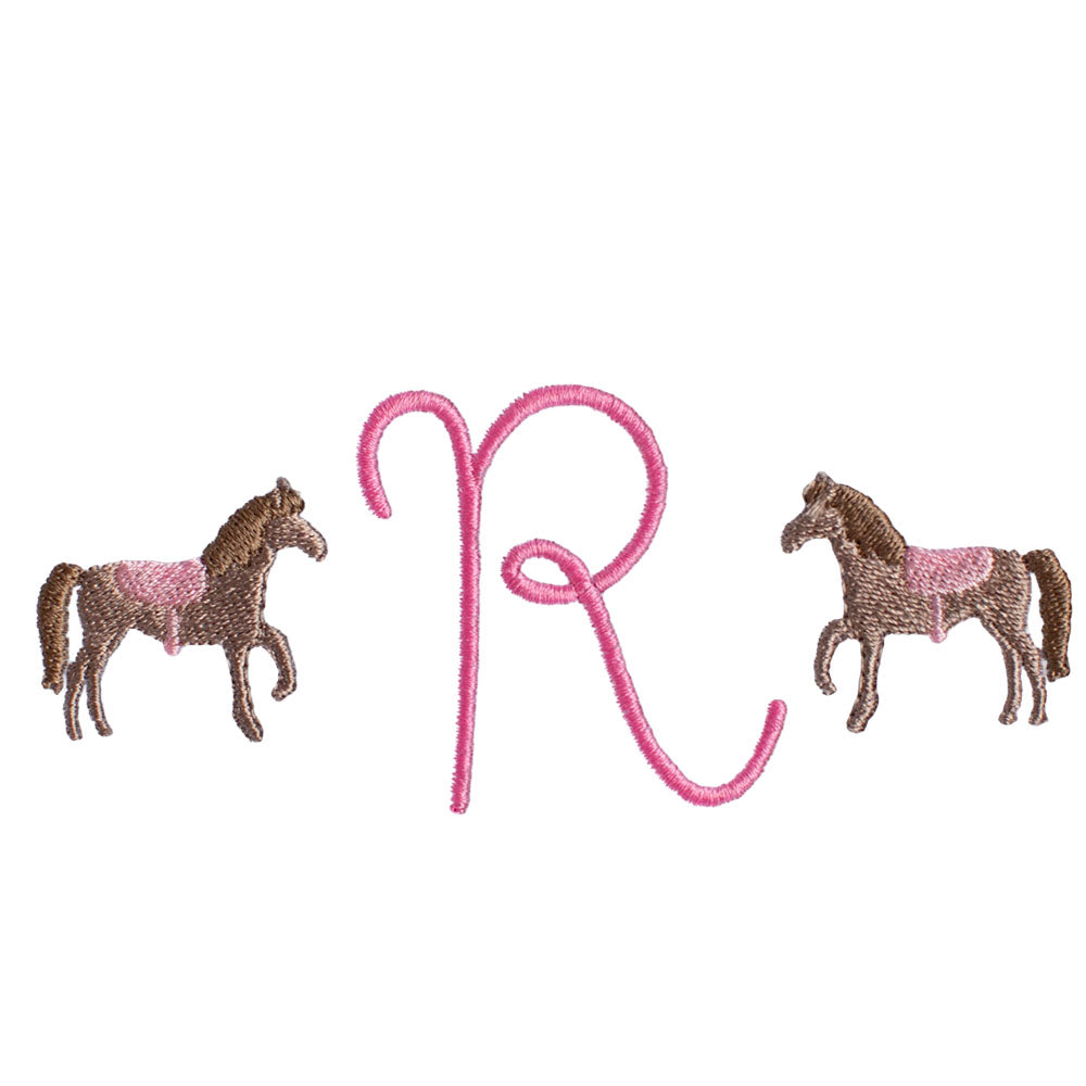 Embroidered pink single initial monogram with a horse theme with two embroidered mini horses on the side.  Could be a western theme as well.  Boutique baby gift
