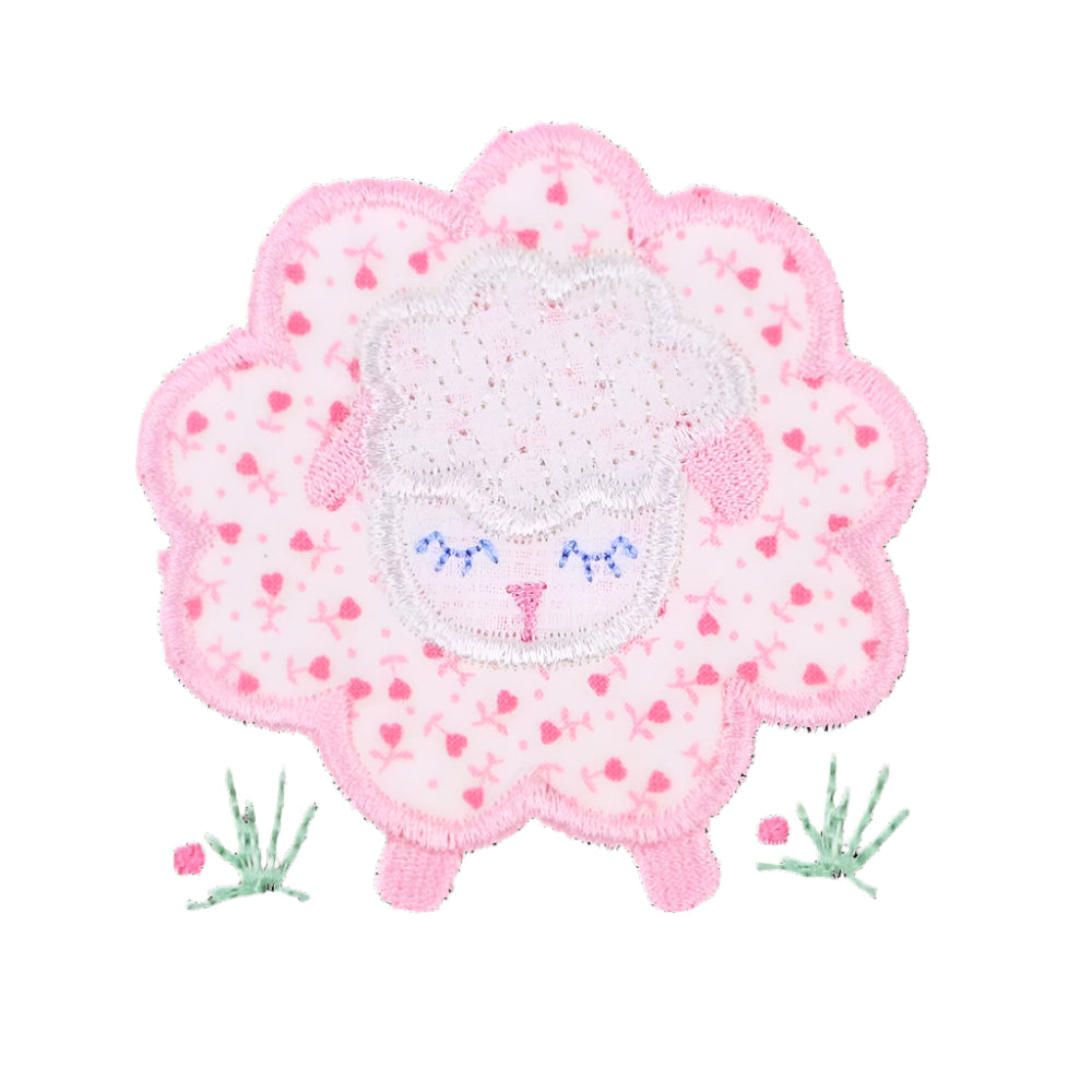 Close up of Deacon Lane's Pink Fluffy Sheep applique with charming pink floral print 