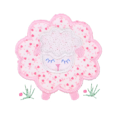 Close up of Deacon Lane's Pink Fluffy Sheep applique with charming pink floral print 