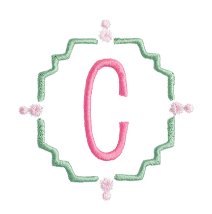 Close up of monogram design that coordinates with the Deacon Lane Dragonfly group